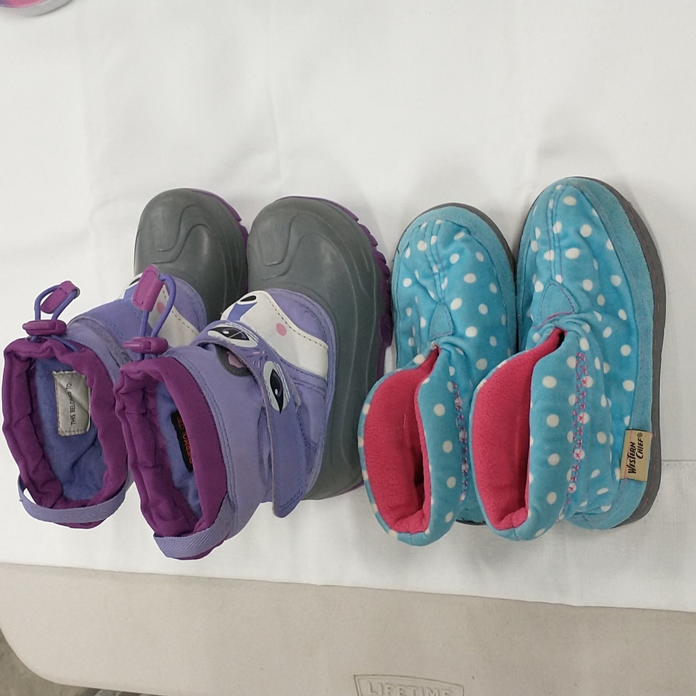 Girls 9 Winter snow Boots and warm Slippers BUNDLE